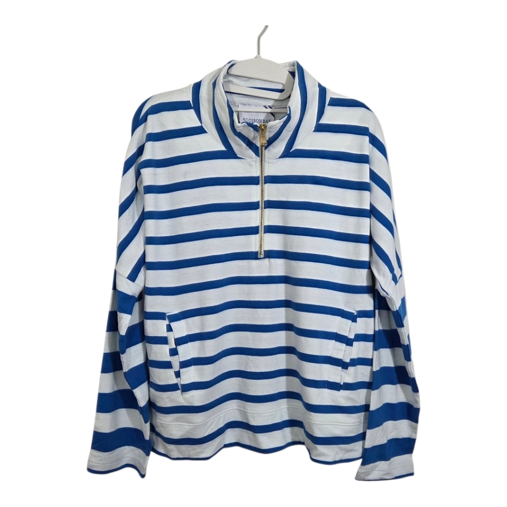 NWT Addison Bay Striped Pullover Top Zip Mock Neck Blue Nautical Preppy Size XS